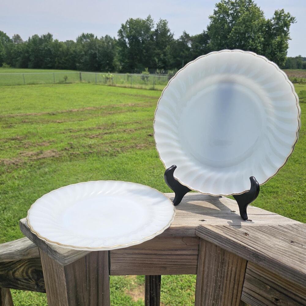 Vintage Anchor Hocking Milk Glass Dinner Plates, Gold Trim, Set of 2